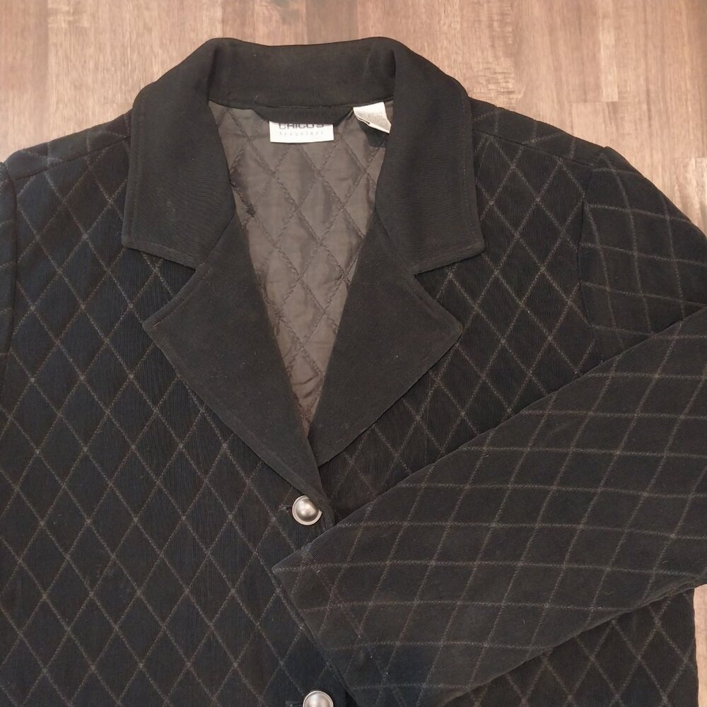 Chicos Travelers Jacket Womens 1 Medium 8 Black Waffle Textured Metallic Buttons